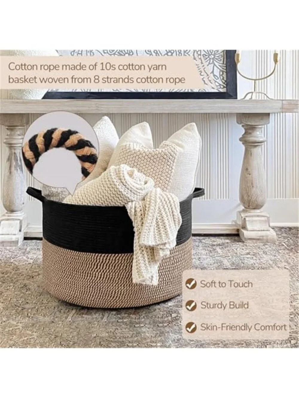 New XXXLarge Woven Rope Blanket Basket Living Room Mix Black, 90L